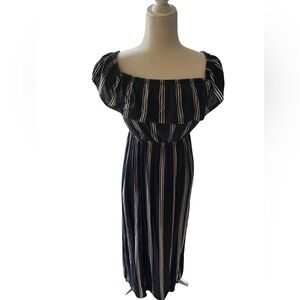 Express Navy Striped Off-Shoulder Maxi Dress | Size Small | Ruffle Top